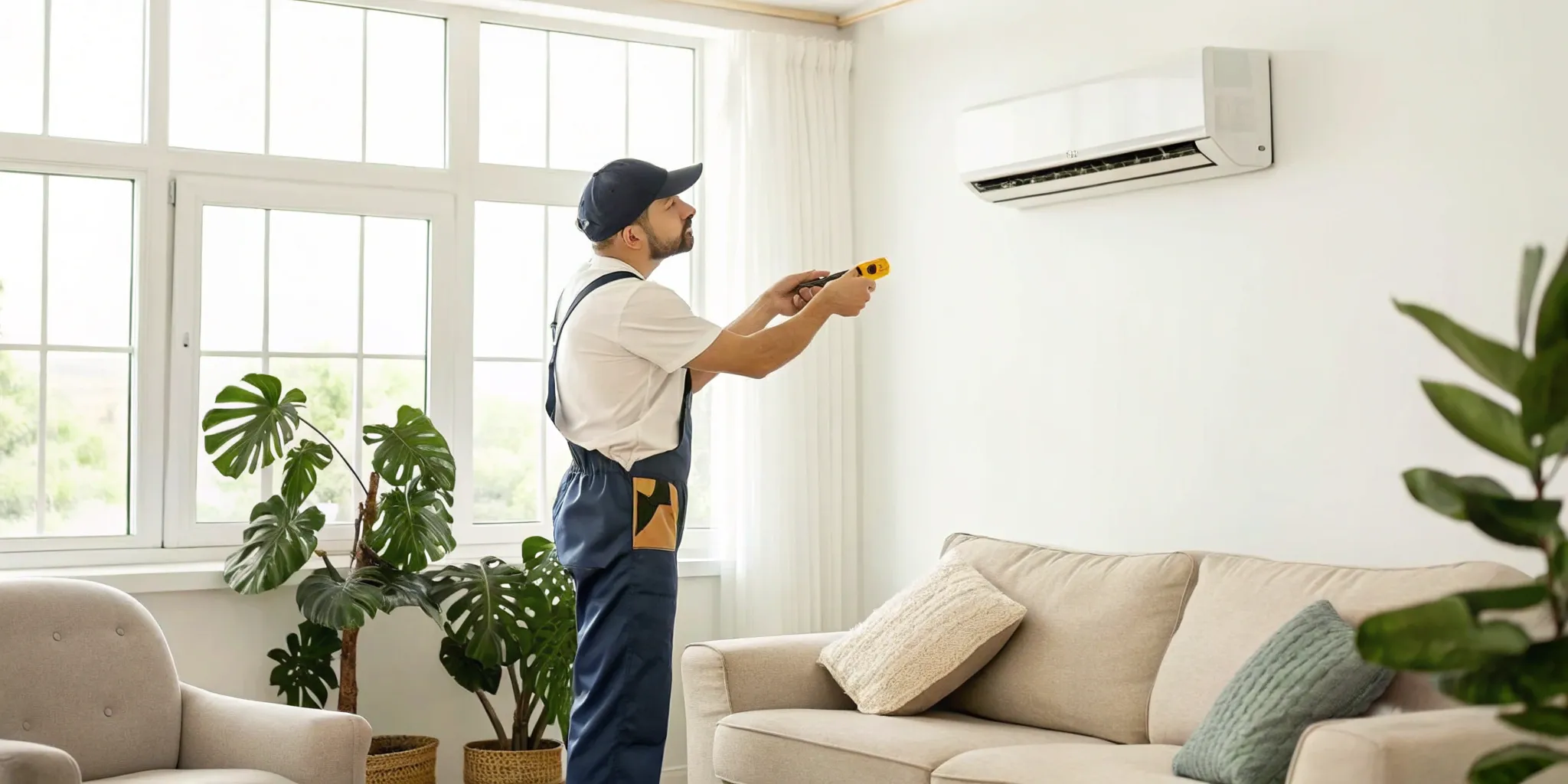 HVAC technician performing a central air repair on an indoor unit.