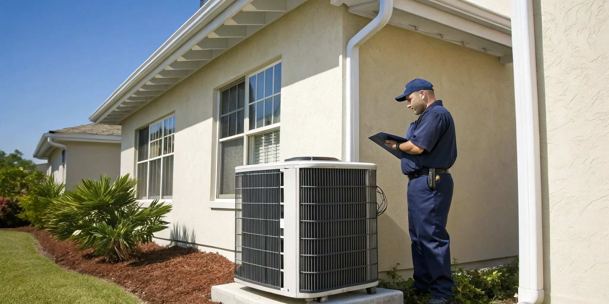 Technician inspecting an outdoor AC unit for 24 hour emergency AC repair.