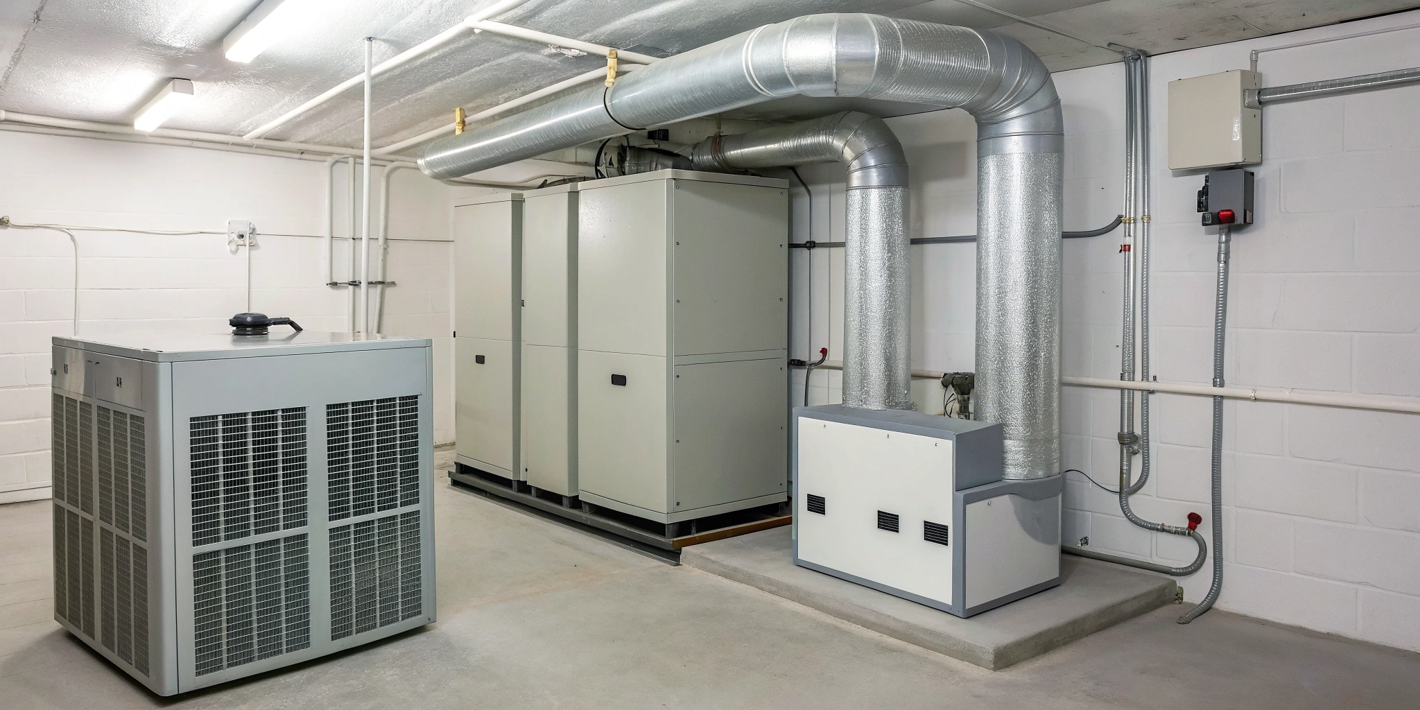 Key commercial HVAC components, including an air handler and ductwork, inside a mechanical room.