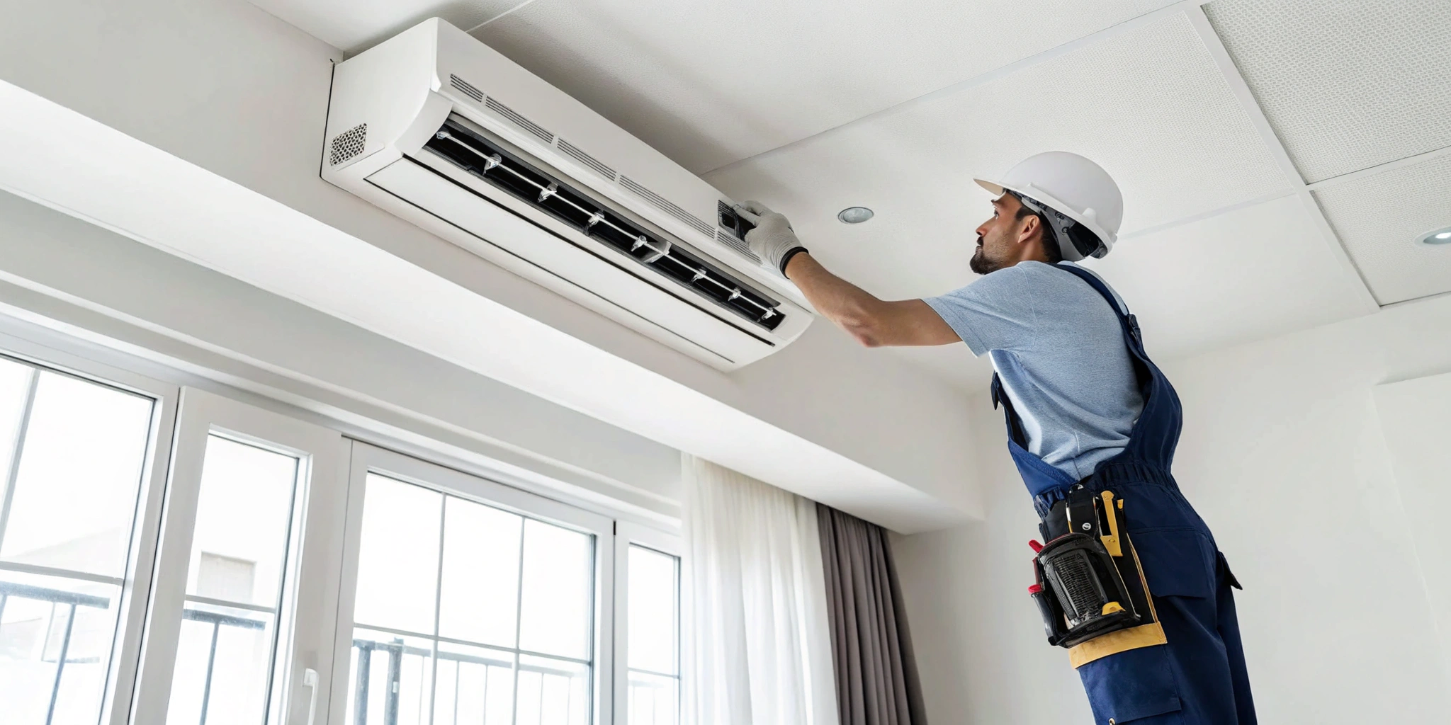 Technician completing a ducted split system installation indoors.