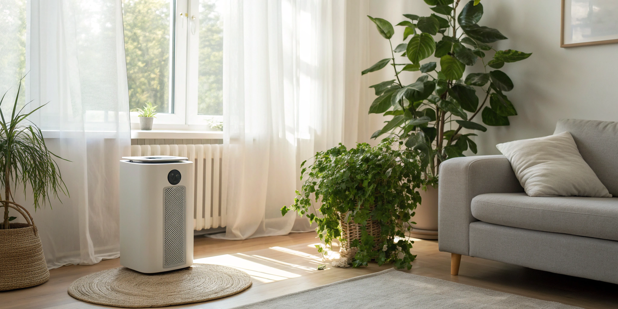 A whole house air purifier for a furnace system shown in a clean living room.