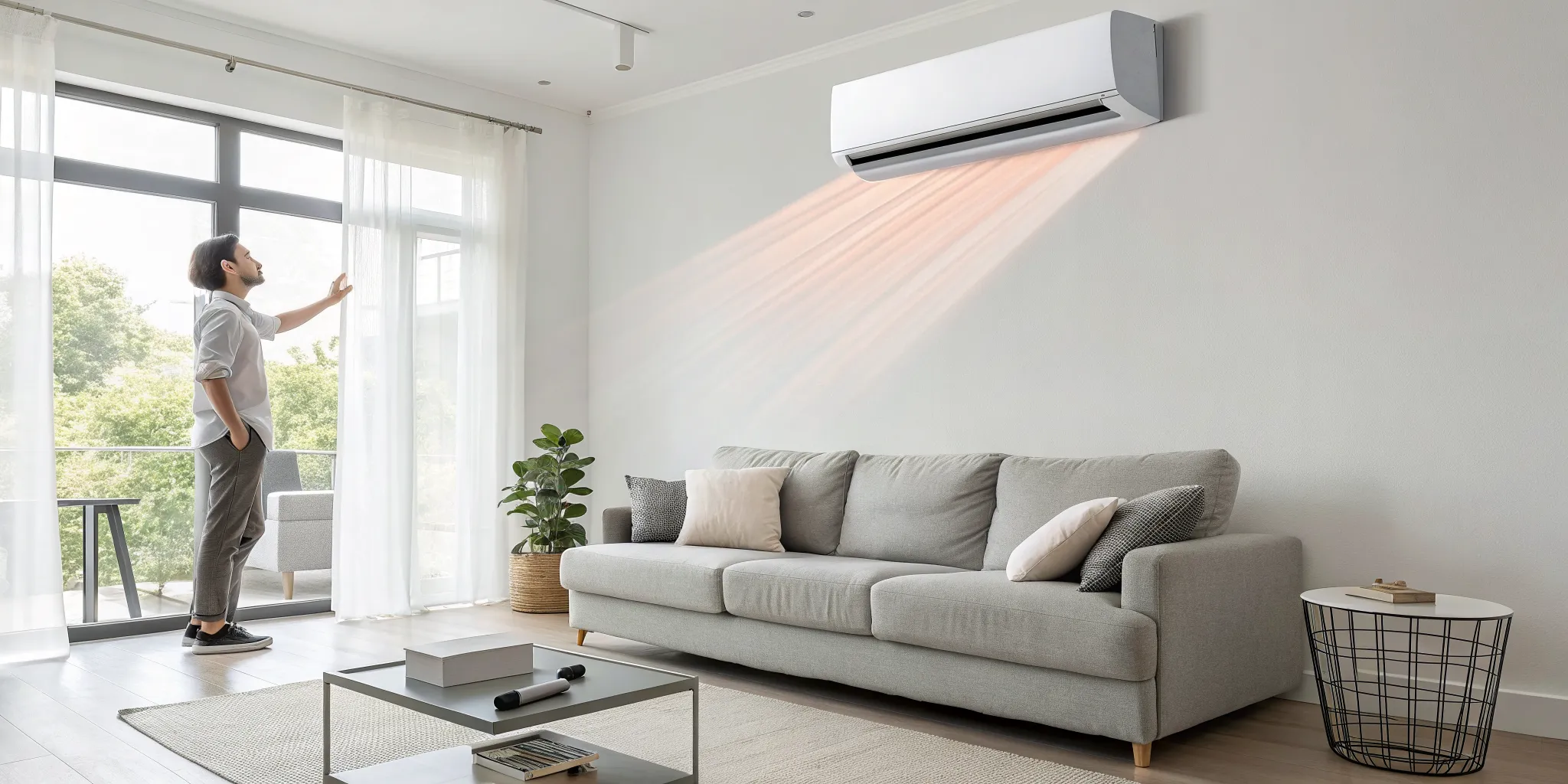 An apartment AC unit blowing hot air into a living room.