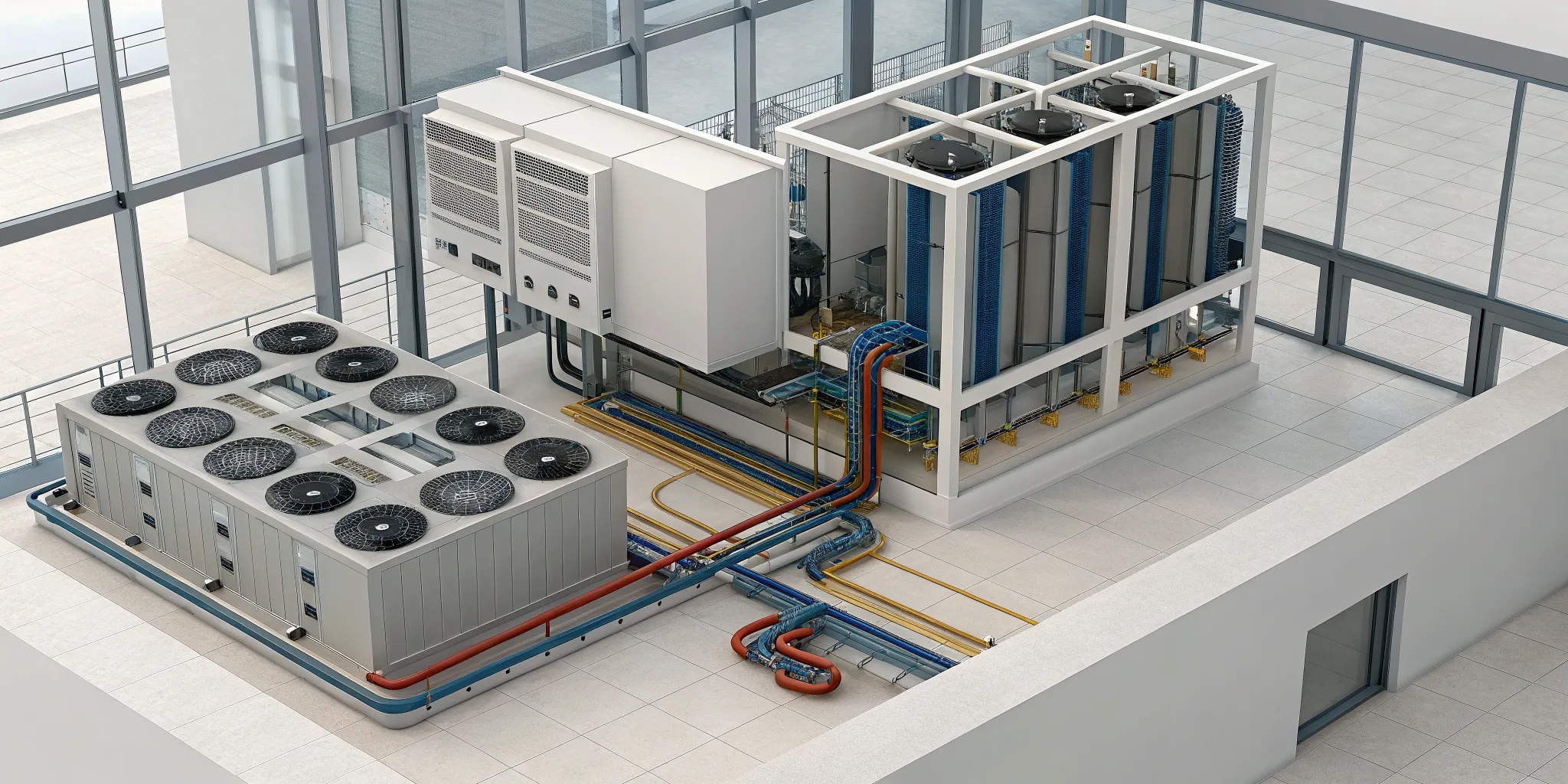 Diagram of a 3-pipe VRF system with its outdoor unit, piping, and heat recovery.