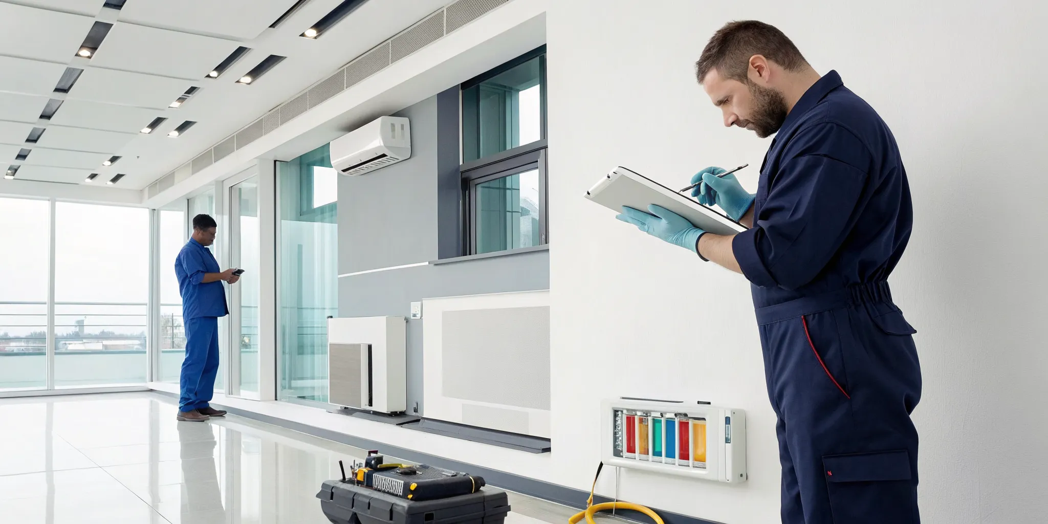 A technician performs an HVAC service, a key factor in the final per hour cost.