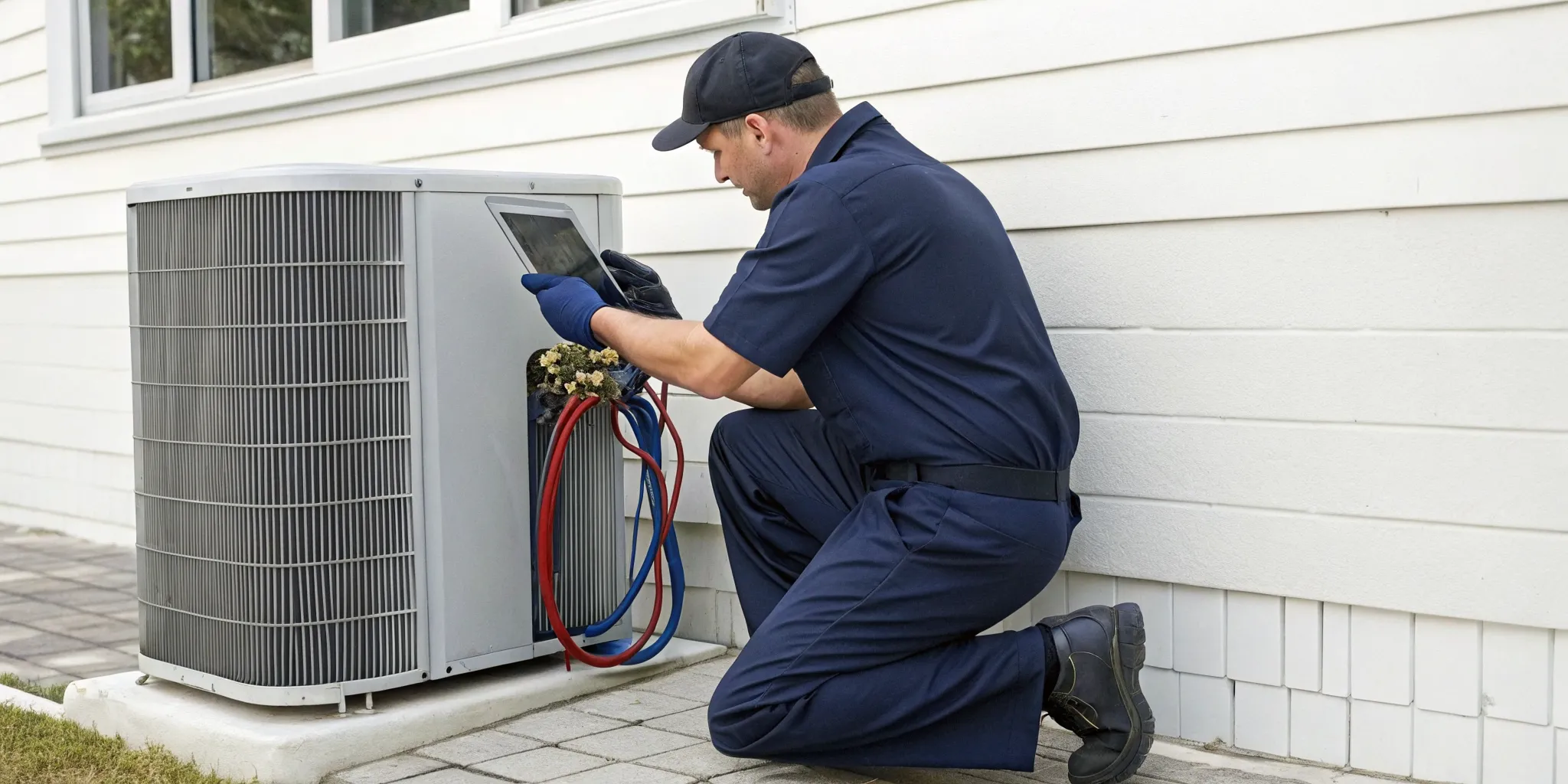 HVAC technician performing urgent air conditioner service and repair.