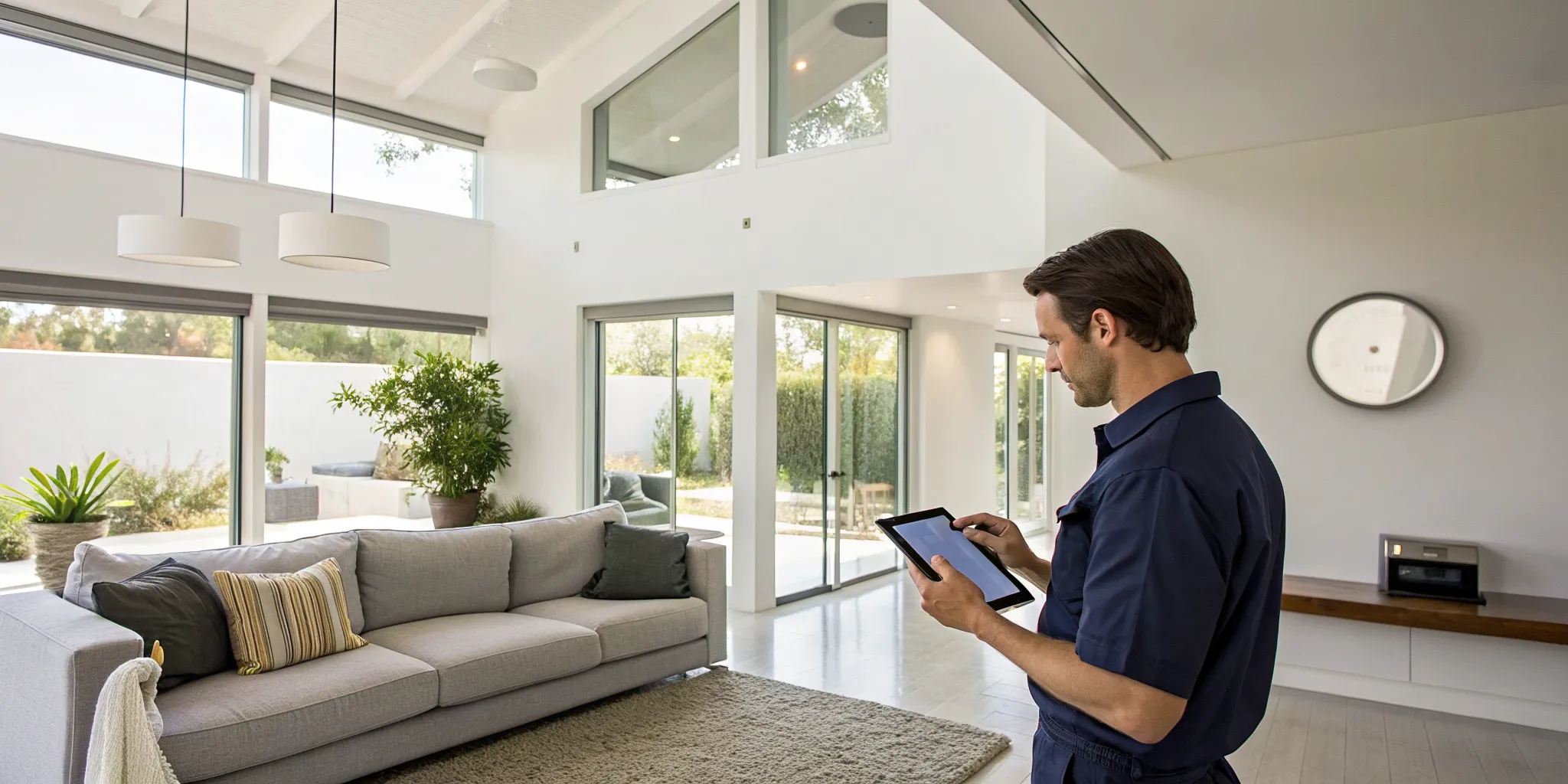 Technician calculating the cost of a new HVAC system on a tablet.