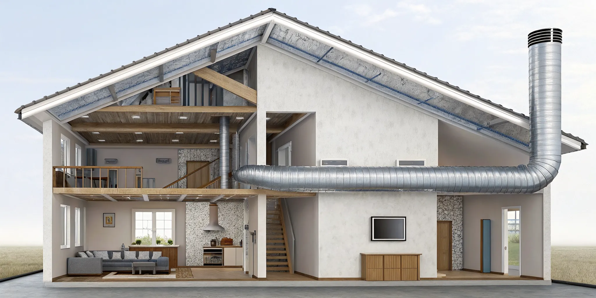A ducted mini split system with concealed ductwork providing air to different rooms in a house.