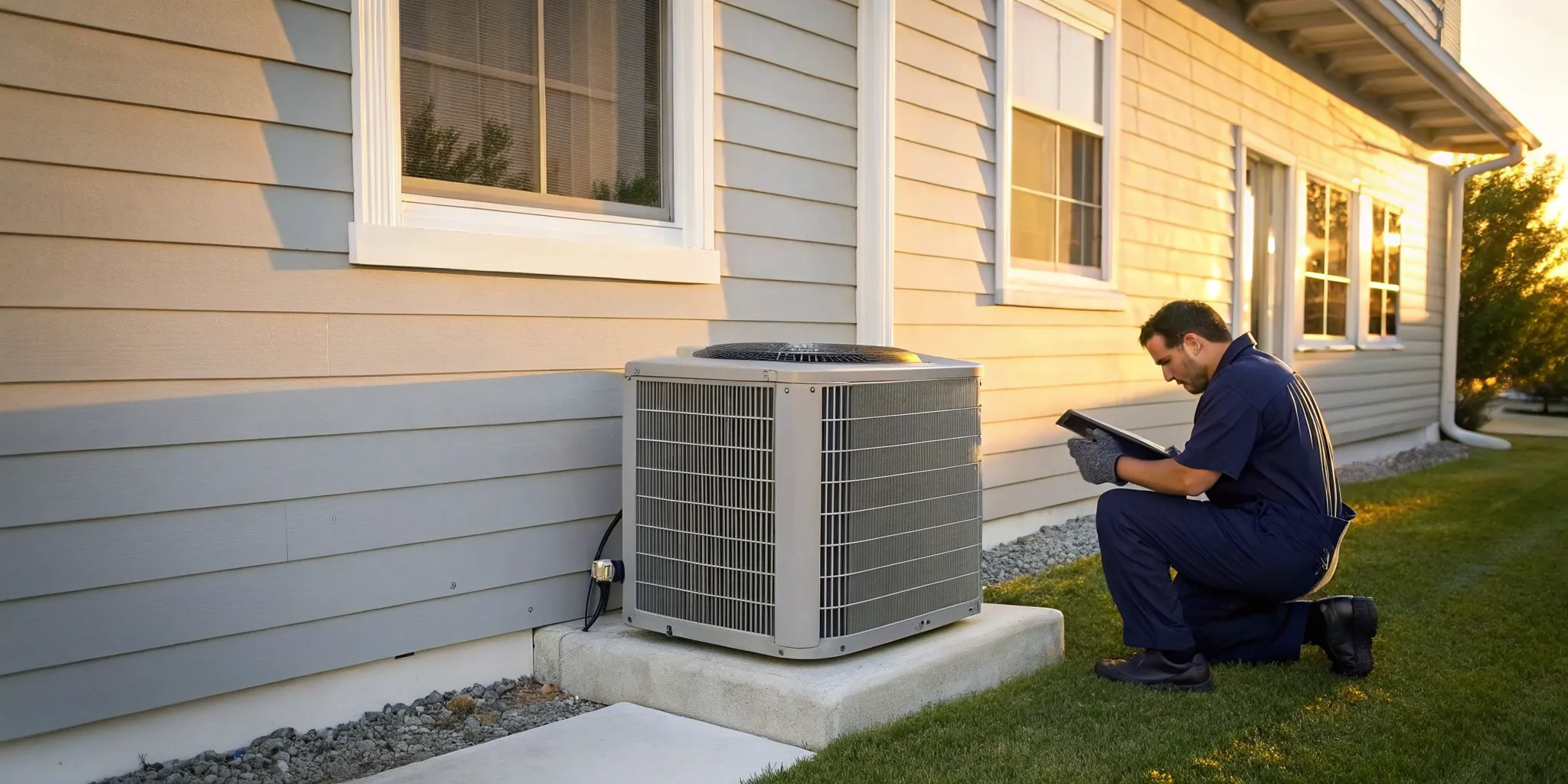 Technician inspecting a Trane AC unit to determine the installation cost.
