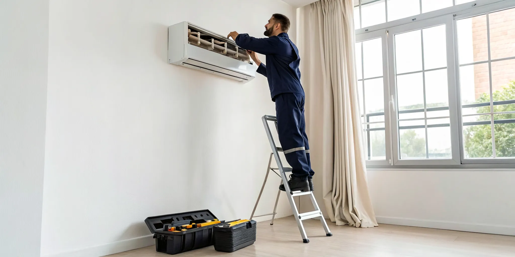 AC technician performing scheduled maintenance on an air conditioner.