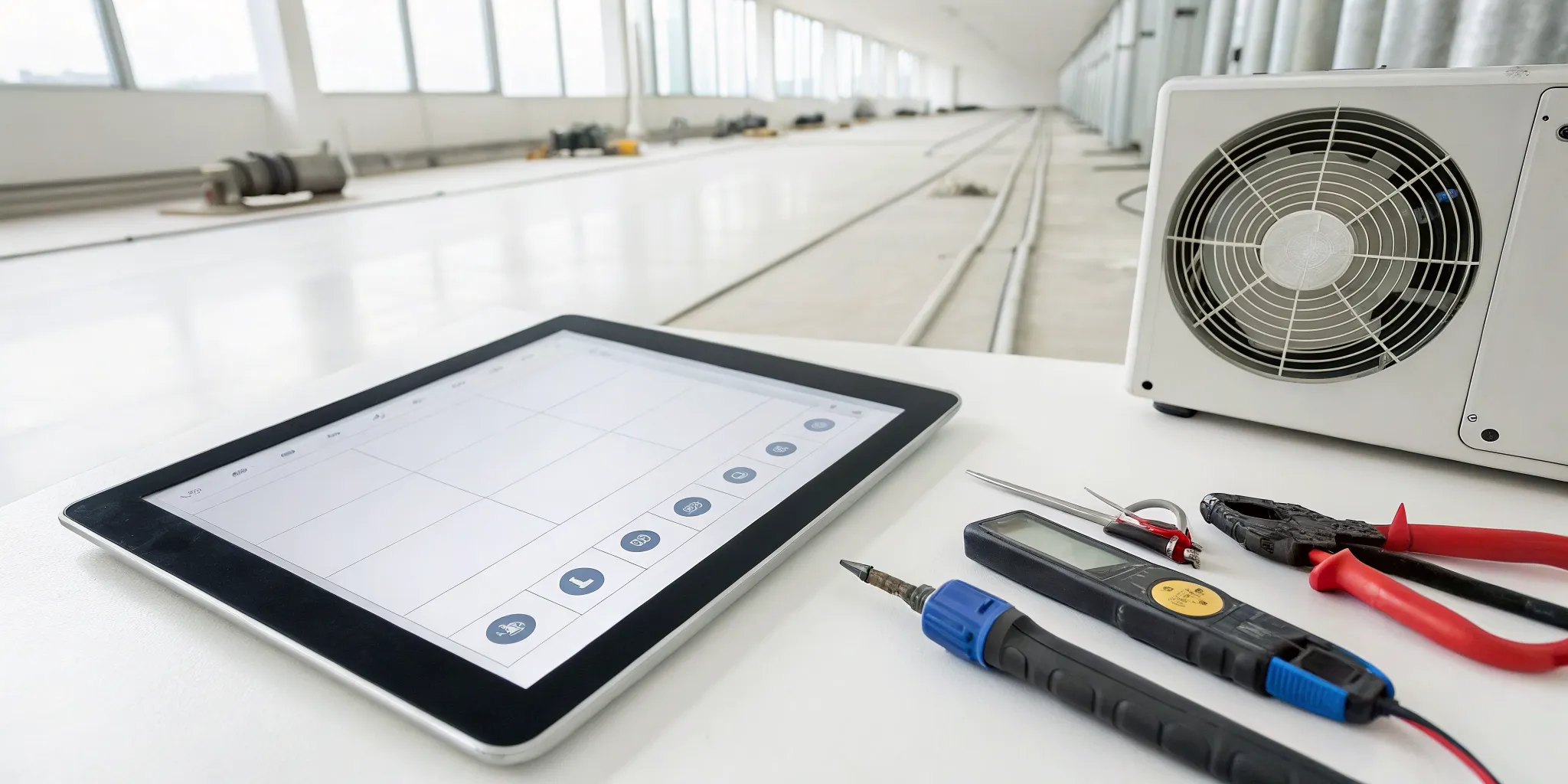 Free HVAC maintenance checklist PDF on a tablet with tools next to an air conditioner.